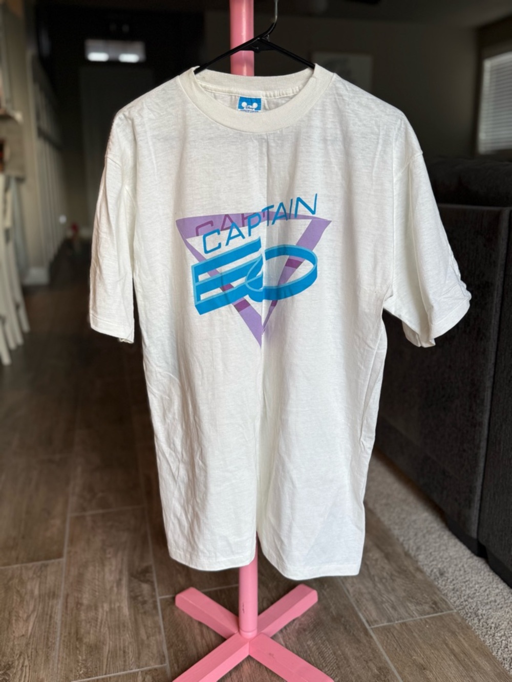 Vintage Disney Captain EO Graphic Tee - White with Teal & Purple Logo - RARE